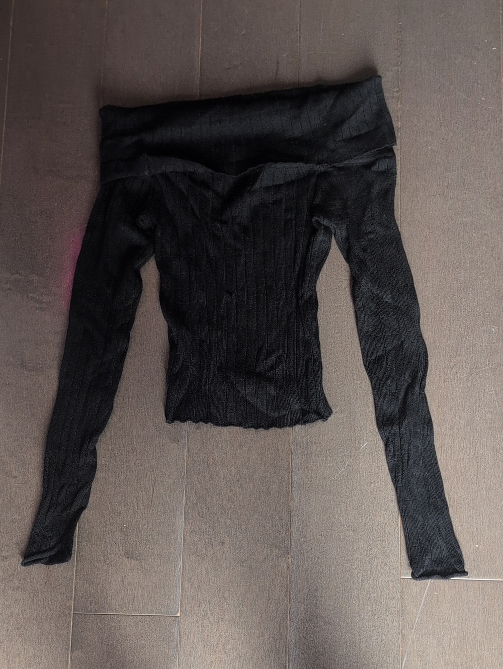 Black Off-Shoulder Ribbed Long Sleeve Top